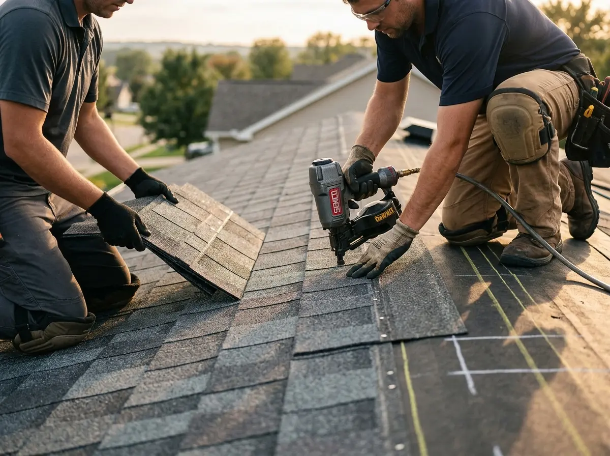 Professional roofer working on a residential roof in Naples